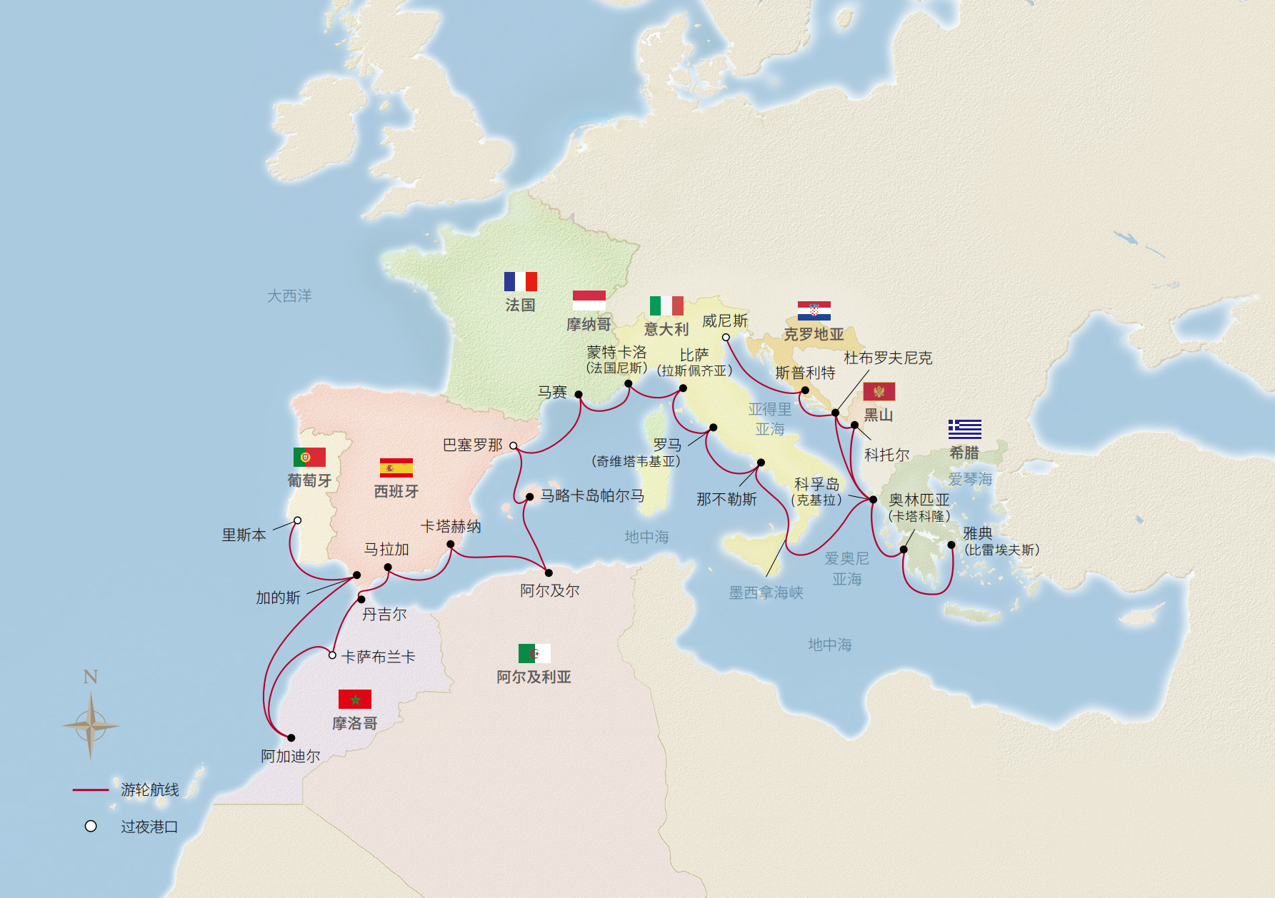 33日歐洲全覽之旅（雅典-里斯本） 航程地圖