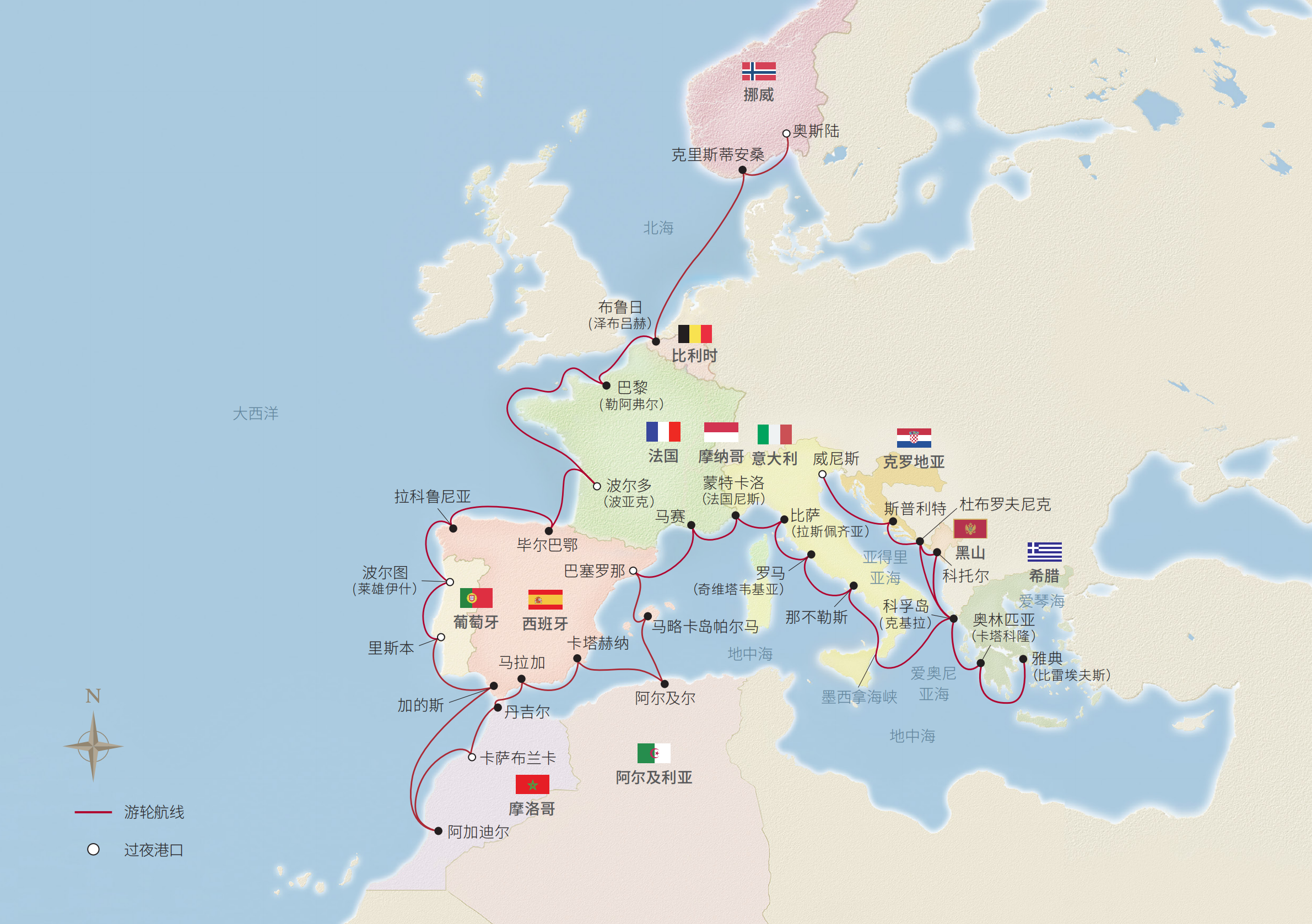 46日歐洲全覽之旅（雅典-奧斯陸） 航程地圖