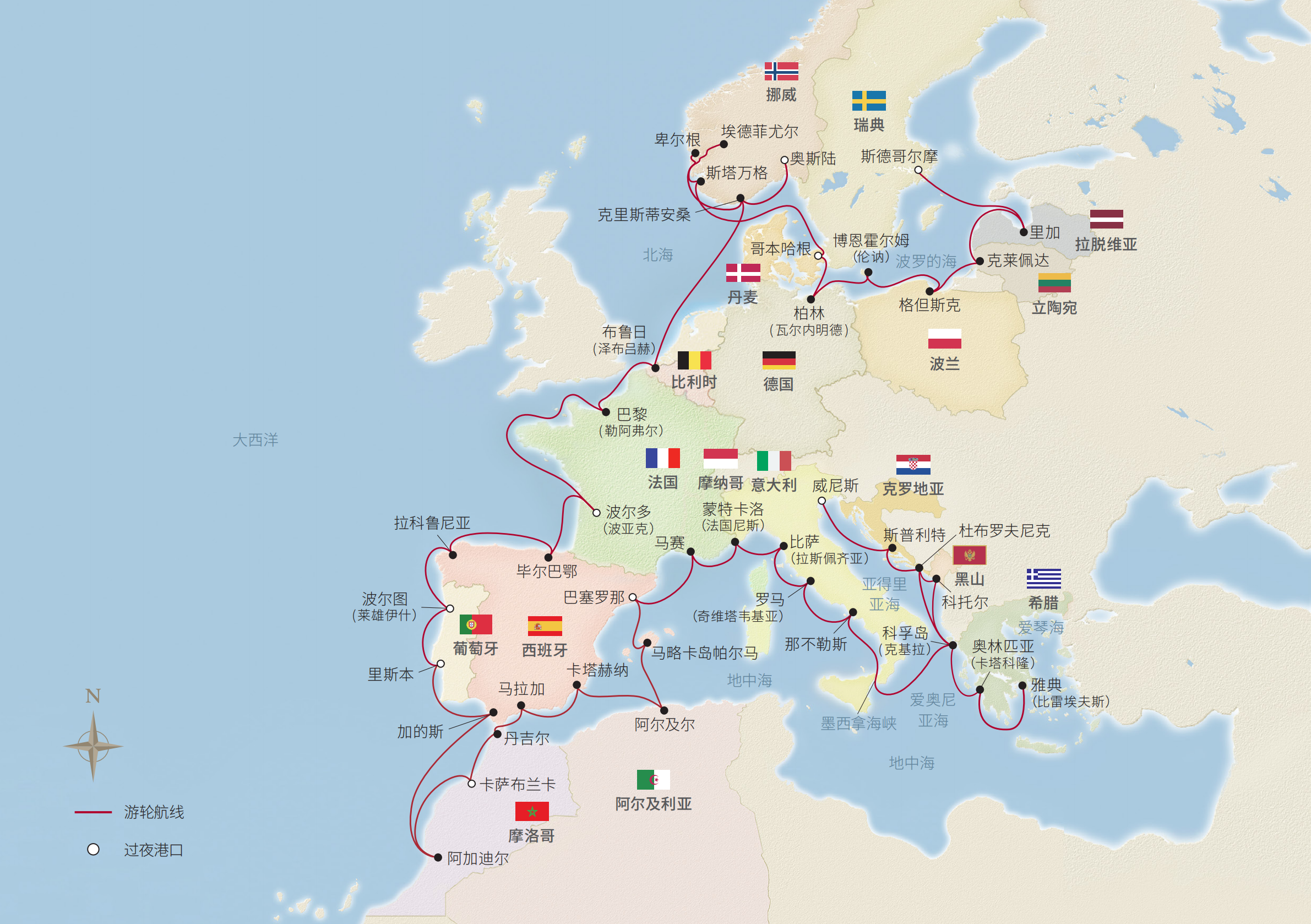 60日歐洲全覽之旅（雅典-斯德哥爾摩） 航程地圖