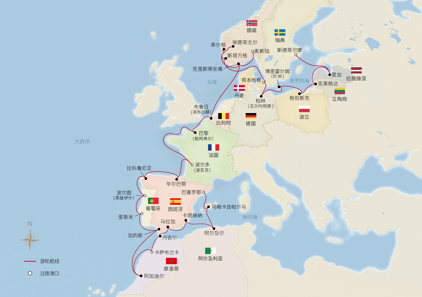41日歐洲全覽之旅（巴塞隆納-斯德哥爾摩） 航程地圖