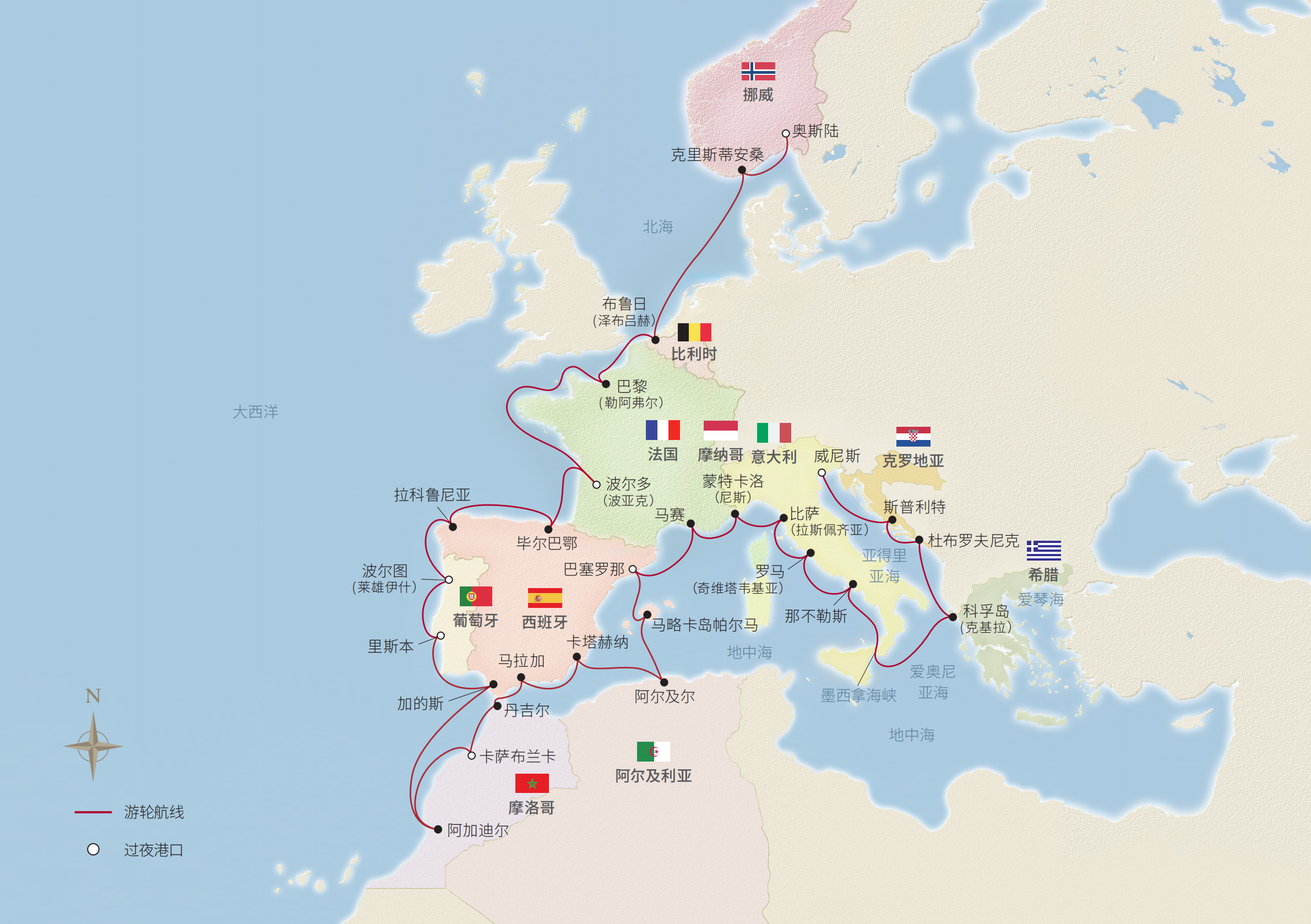 39日歐洲全覽之旅（威尼斯-奧斯陸） 航程地圖