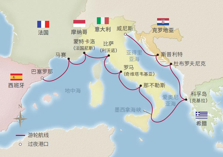 13日巴塞隆納至威尼斯地中海之旅 航程地圖