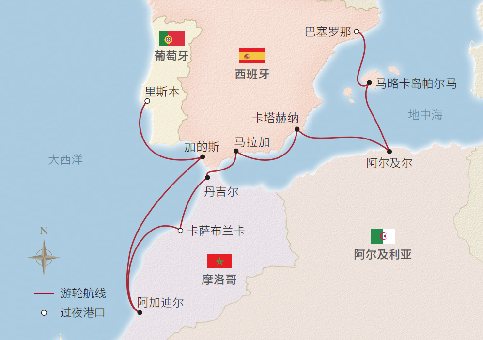 14日巴塞隆納至里斯本地中海之旅 航程地圖
