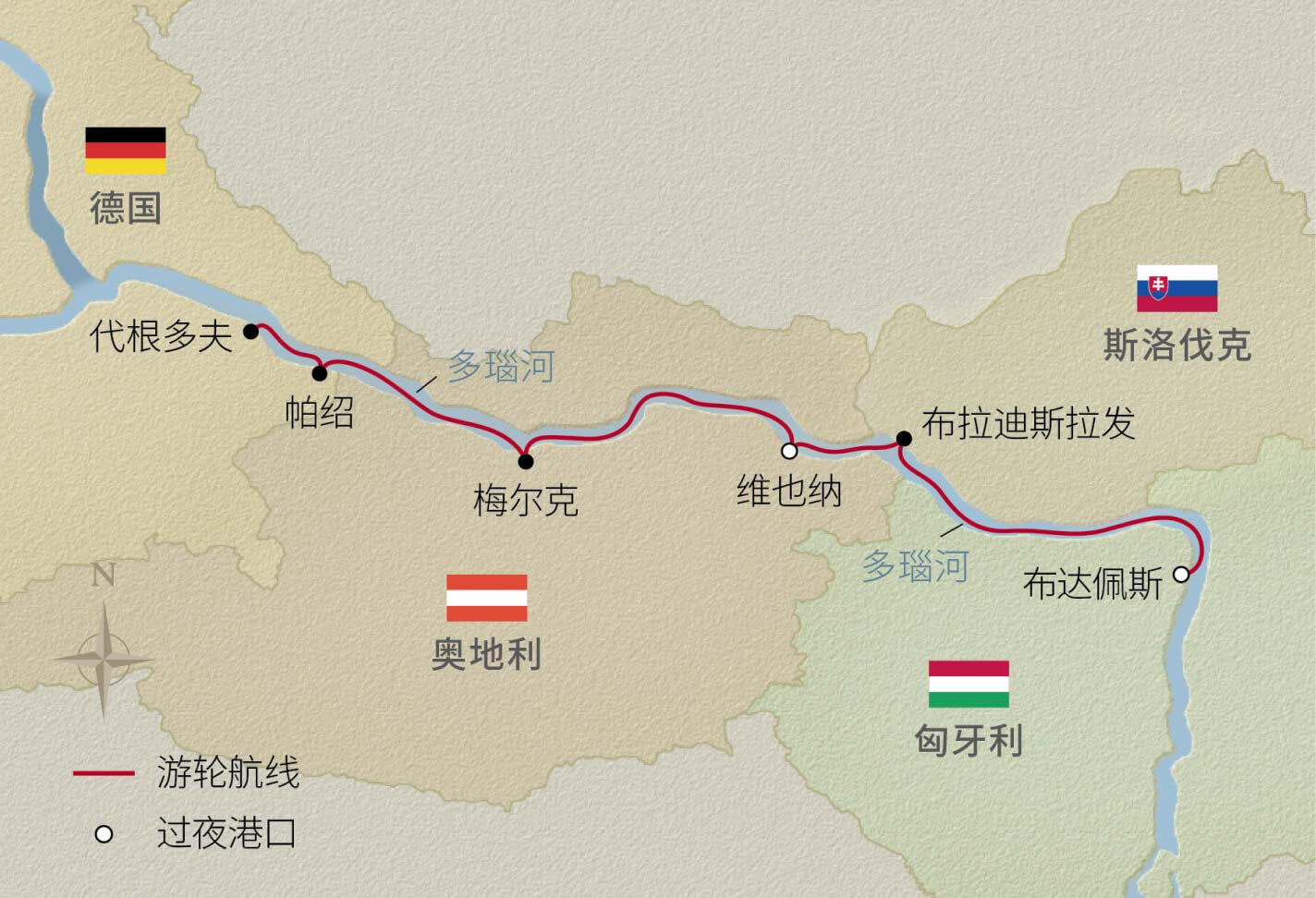 8日多瑙河精緻之旅 航程地圖