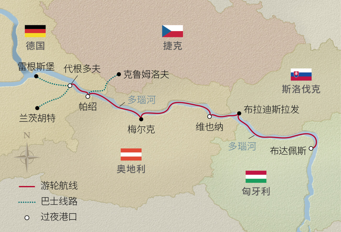11日多瑙河浪漫之旅 航程地圖