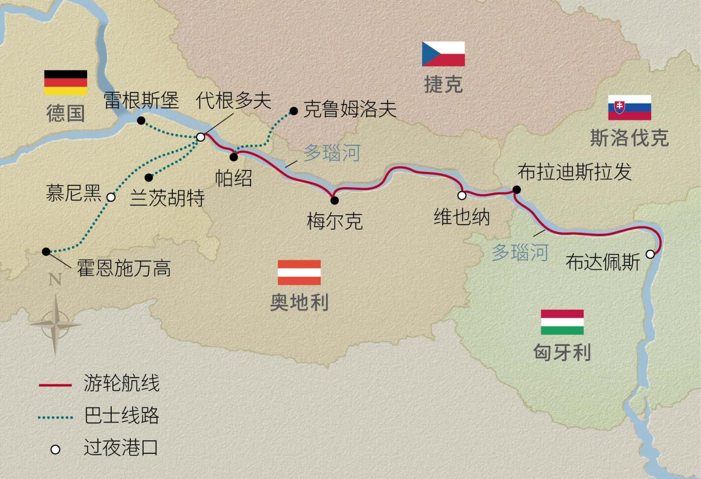 13日慕尼黑與浪漫多瑙 航程地圖